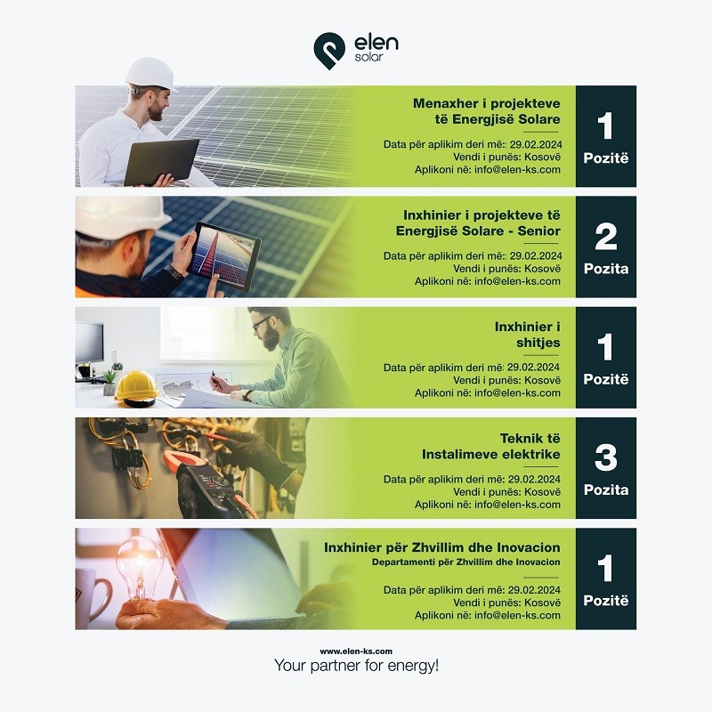Menaxher i projekteve (1), Inxhinier (4), Teknik të instalimeve elektrike (3)